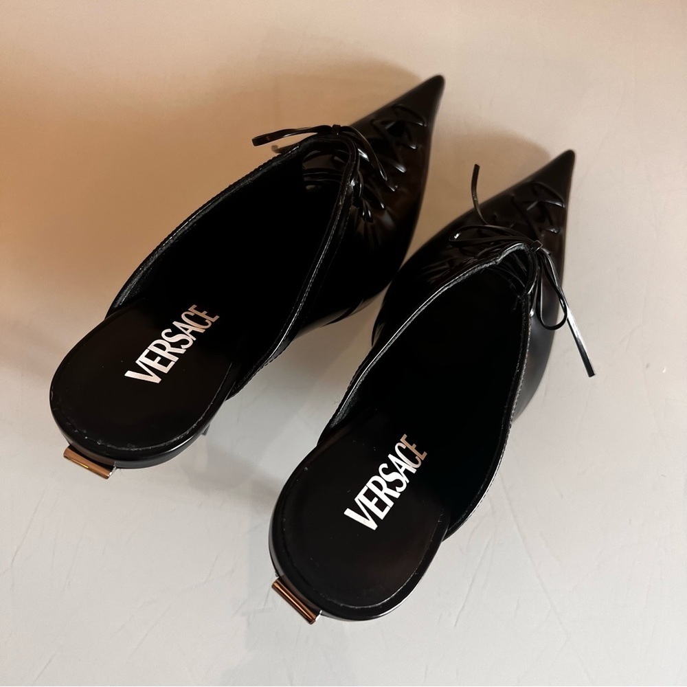 VERSACE 110mm lace-up leather pointed toe mule heels - Picture 7 of 16